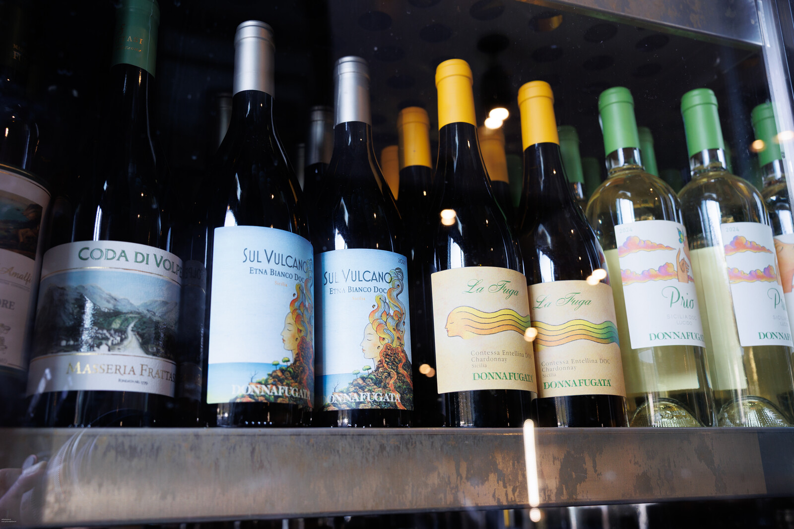 Bottiglie di vino allineate in vetrina refrigerata